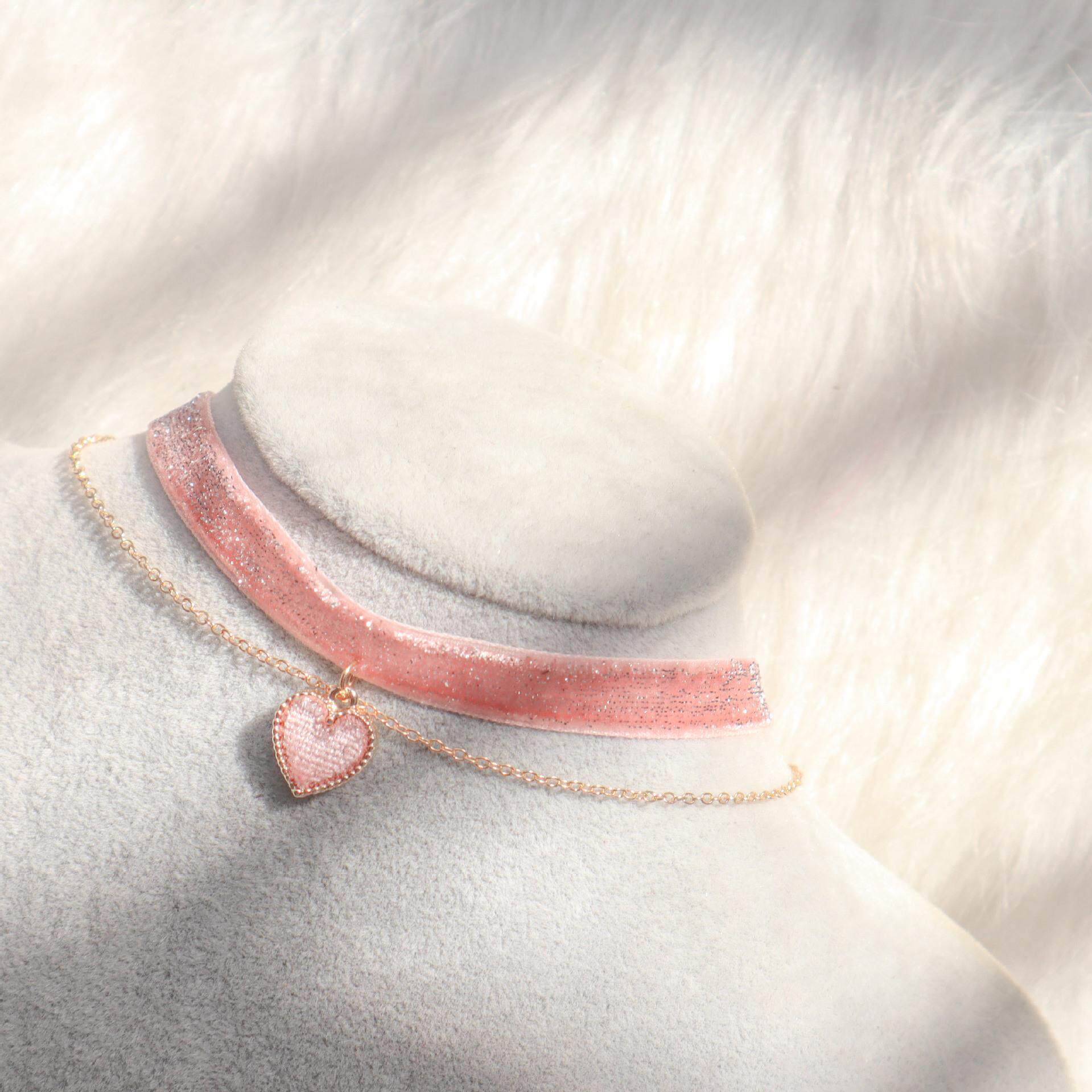 日韩仙女小清新彩色闪亮丝绒颈链choker爱心短款项链