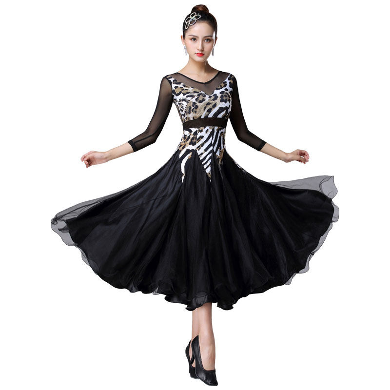摩登丹宝罗舞裙华尔兹演出服豹纹国标舞比赛连衣裙新款摩登舞套装(含