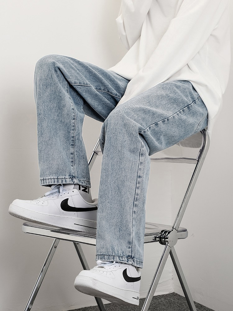 牛仔裤男2022春款浅色阔腿直筒宽松垂感港风男士长裤薄款高街裤子