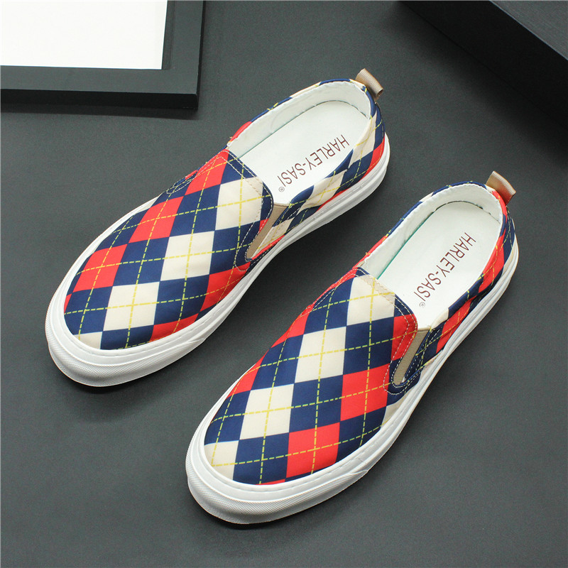 夏季格子潮鞋透气帆布鞋一脚蹬懒人鞋精神小伙低帮鞋子休闲板鞋男