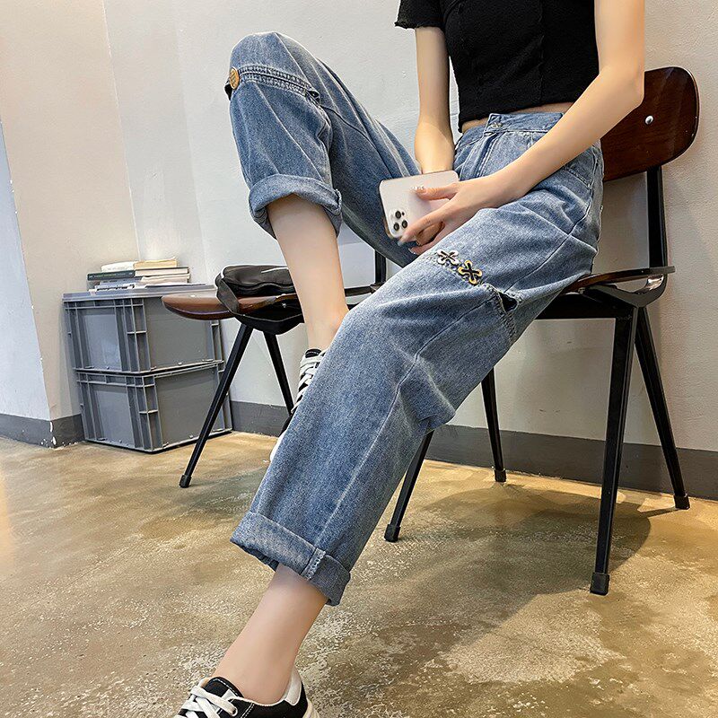破洞牛仔裤女老爹裤2022年夏季薄款高腰显瘦直筒宽松哈伦裤萝卜裤