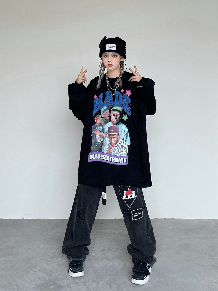 x不是好人 原创美式印花长袖t恤oversize宽松街头ins国潮潮牌上衣