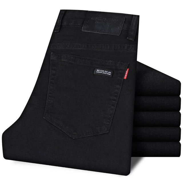 Autumn and winter men's pure black straight jeans men's slim men's casual stretch loose plus velvet thick cowboy pants Autumn and winter men's pure black straight jeans men's slim men's casual stretch loose plus velvet thick cowboy pants