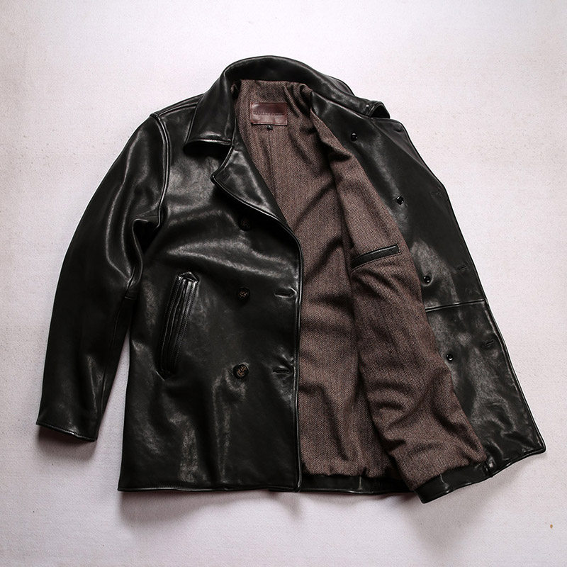 水洗褶皱植鞣加厚绵羊羊皮皮衣男士复古双排皮衣