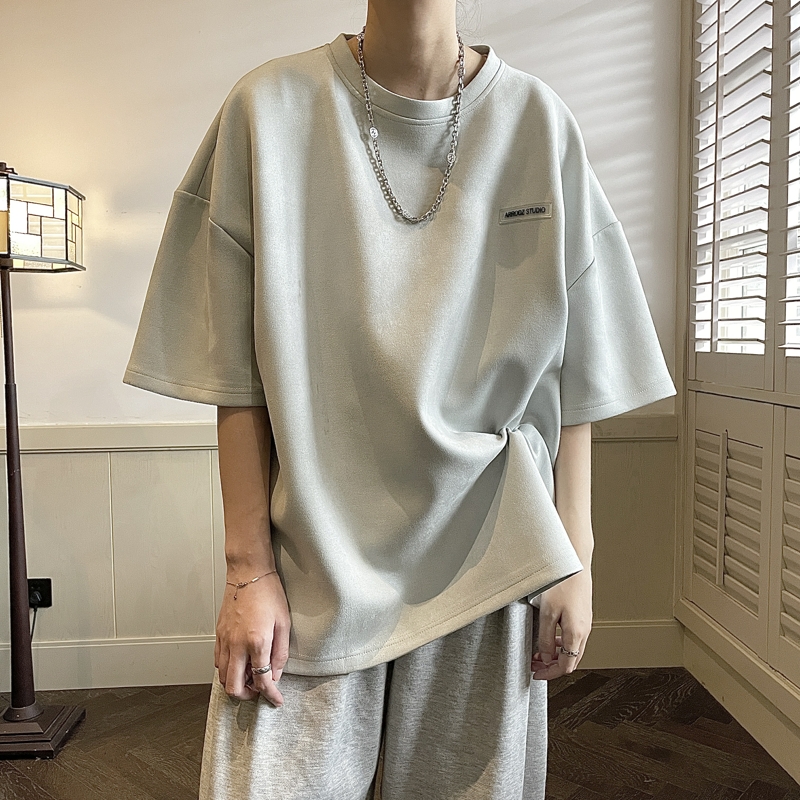麂皮绒重磅短袖t恤男设计感小众美式高街潮牌潮流vintage7分袖夏