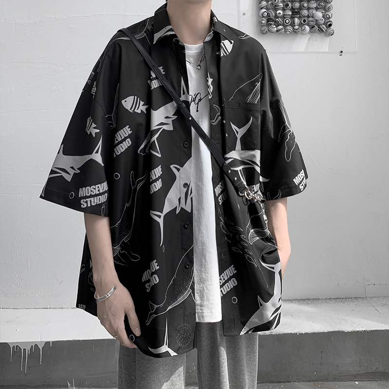 夏季冰丝短袖衬衫男痞帅ins港风嘻哈半袖衬衣外套宽松潮牌上衣服