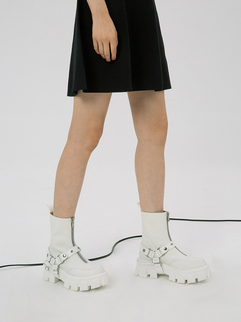 pinkpunkplank霓虹猎人白色小牛牛皮可拆卸机能皮带扣厚底时装靴