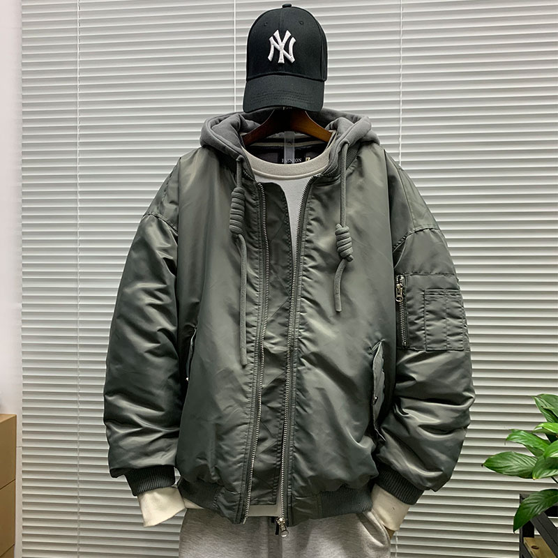 冬季新款潮牌假两件连帽棒球服棉衣外套男士休闲宽松工装保暖棉服