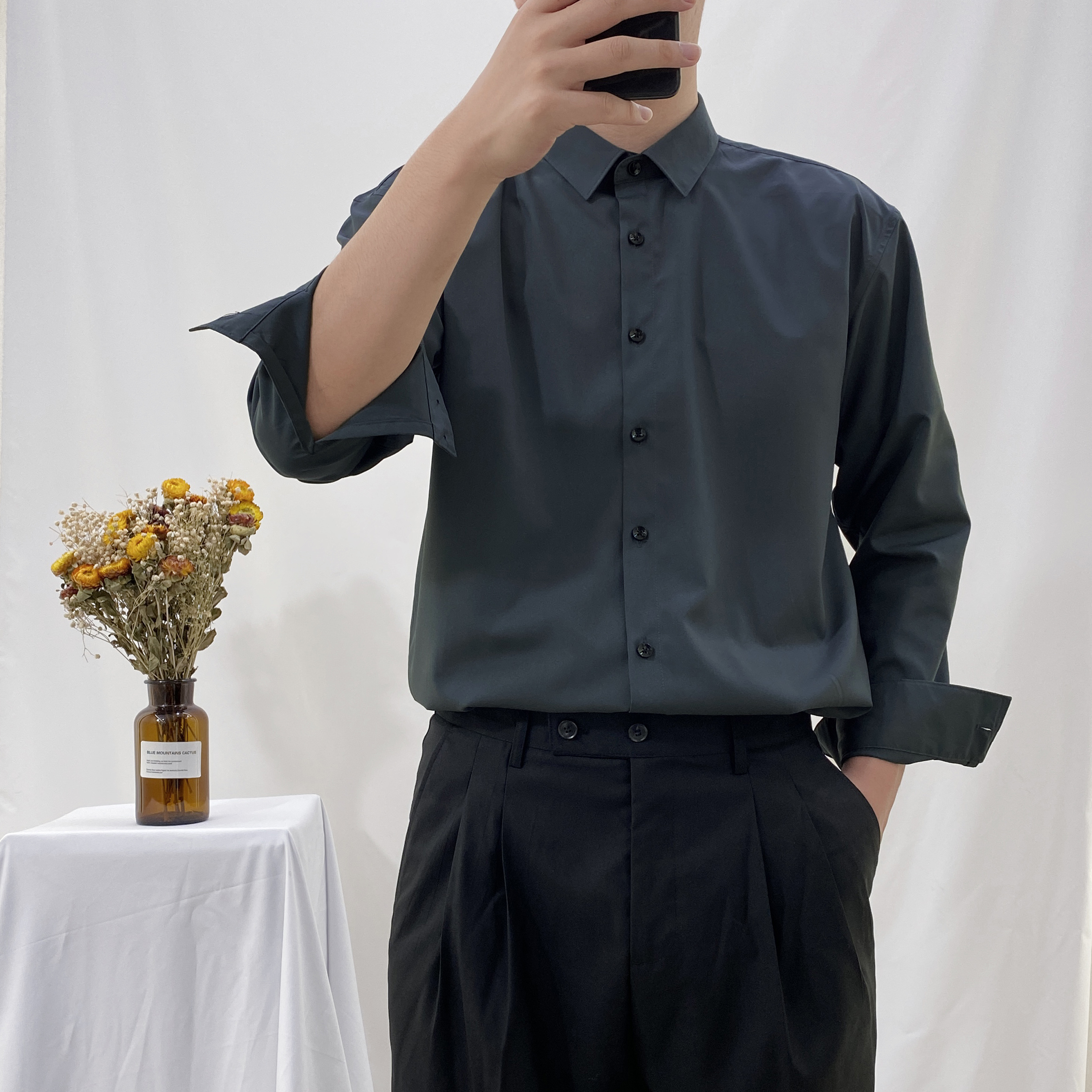 高级感深灰色男衬衫长袖宽松韩版痞帅冷淡风雪纺垂坠休闲衬衣免烫