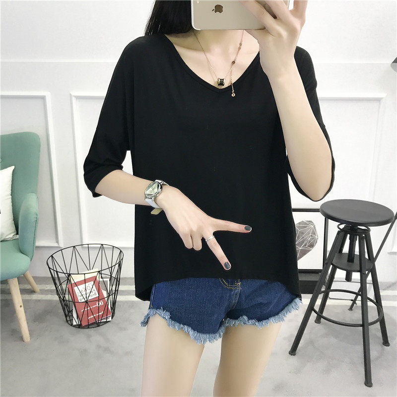 莫代尔打底衫大码女宽松显瘦v领前短后长五分袖t恤夏薄款短袖上衣