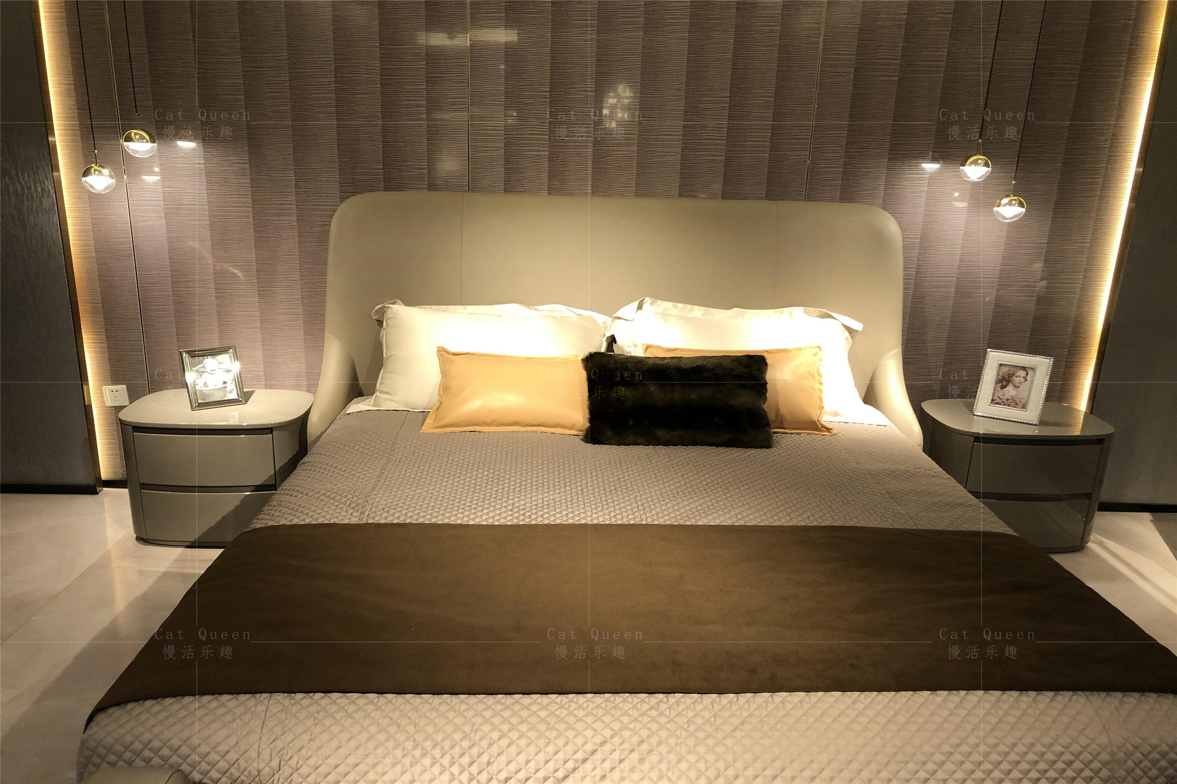 意式轻奢后现代真皮床fendi芬迪床港式简约样板房主卧设计师婚床