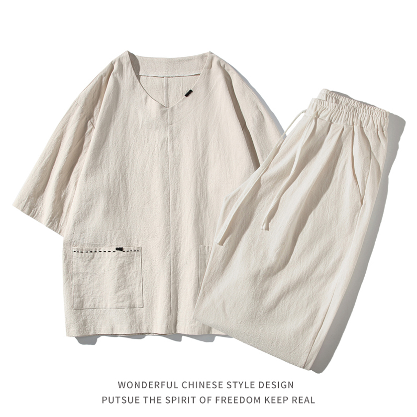 沙滩套装男士夏季薄款亚麻棉麻宽松胖子国潮牌休闲古风中国风男装