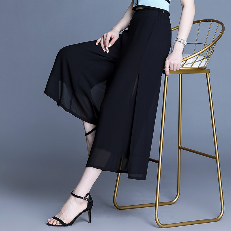 开叉雪纺八分裤女夏季2022新款宽松大码阔腿休闲裤