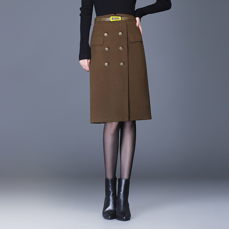 毛呢半身裙女秋冬双排高腰筒裙2021新款包臀裙半身裙