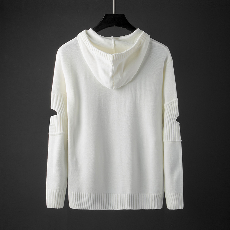 2022春秋白色连帽毛衣男韩版修身衣袖破洞潮牌针织衫带帽线衣外套