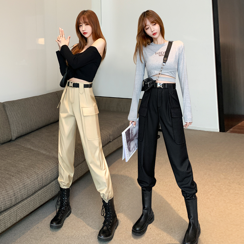 帅气工装裤女夏季薄款显瘦高腰束脚黑色酷美式休闲卡其色2022新款