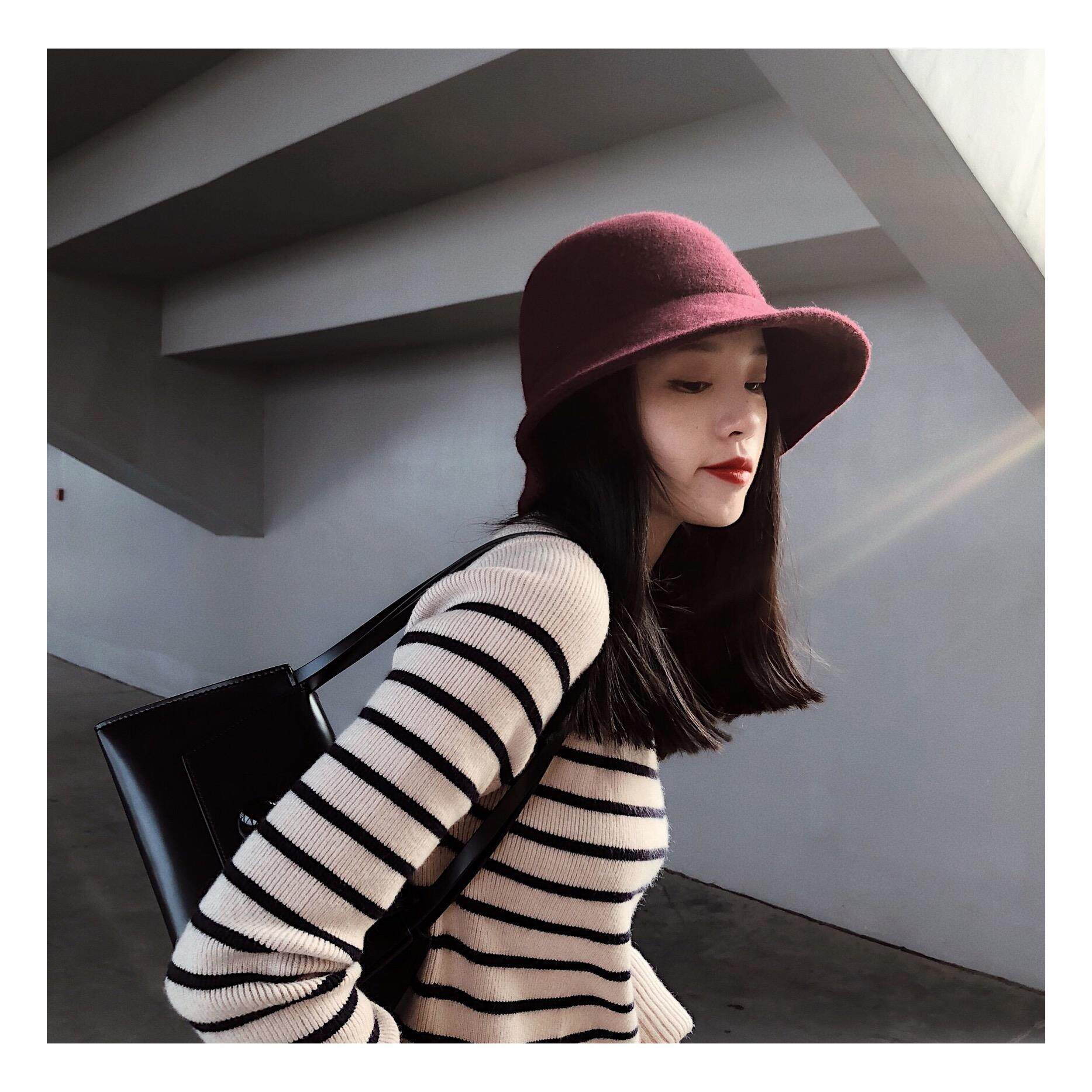 日本正品ins秋冬保暖毛呢渔夫帽盆可折叠羊毛帽子