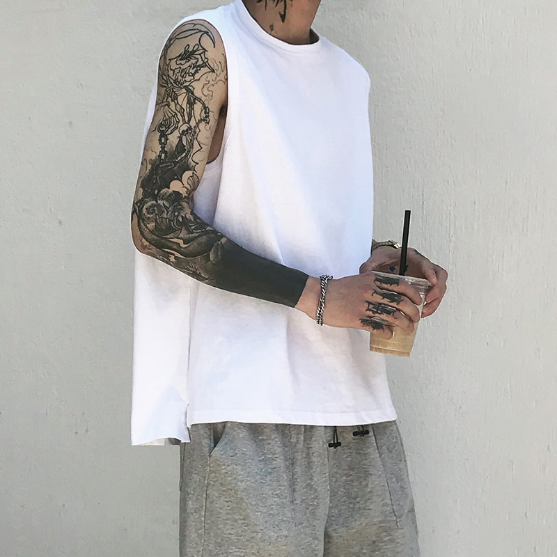 夏季ins潮牌宽松纯色背心男潮流运动嘻哈外穿个性无袖t恤打底汗衫