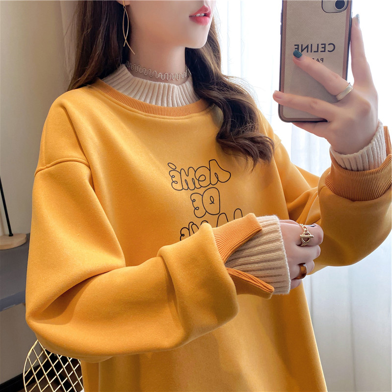 半高领加绒加厚卫衣女秋冬2021新款宽松韩版假两件拼接套头上衣服