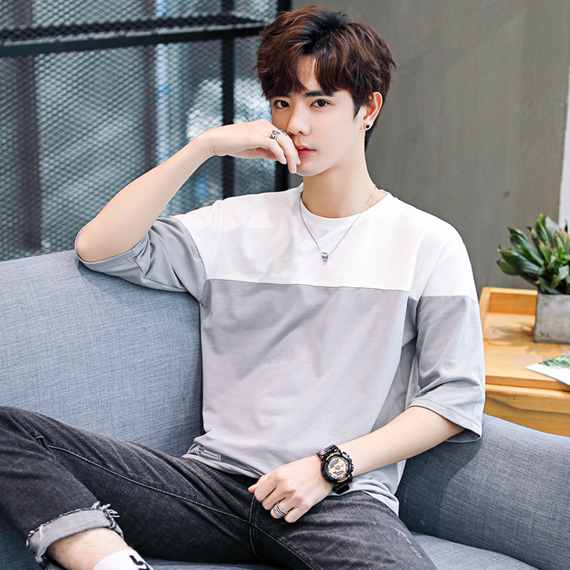 2022新款t恤男士短袖韩版潮流宽松中袖5五分半袖7七分上衣服夏季