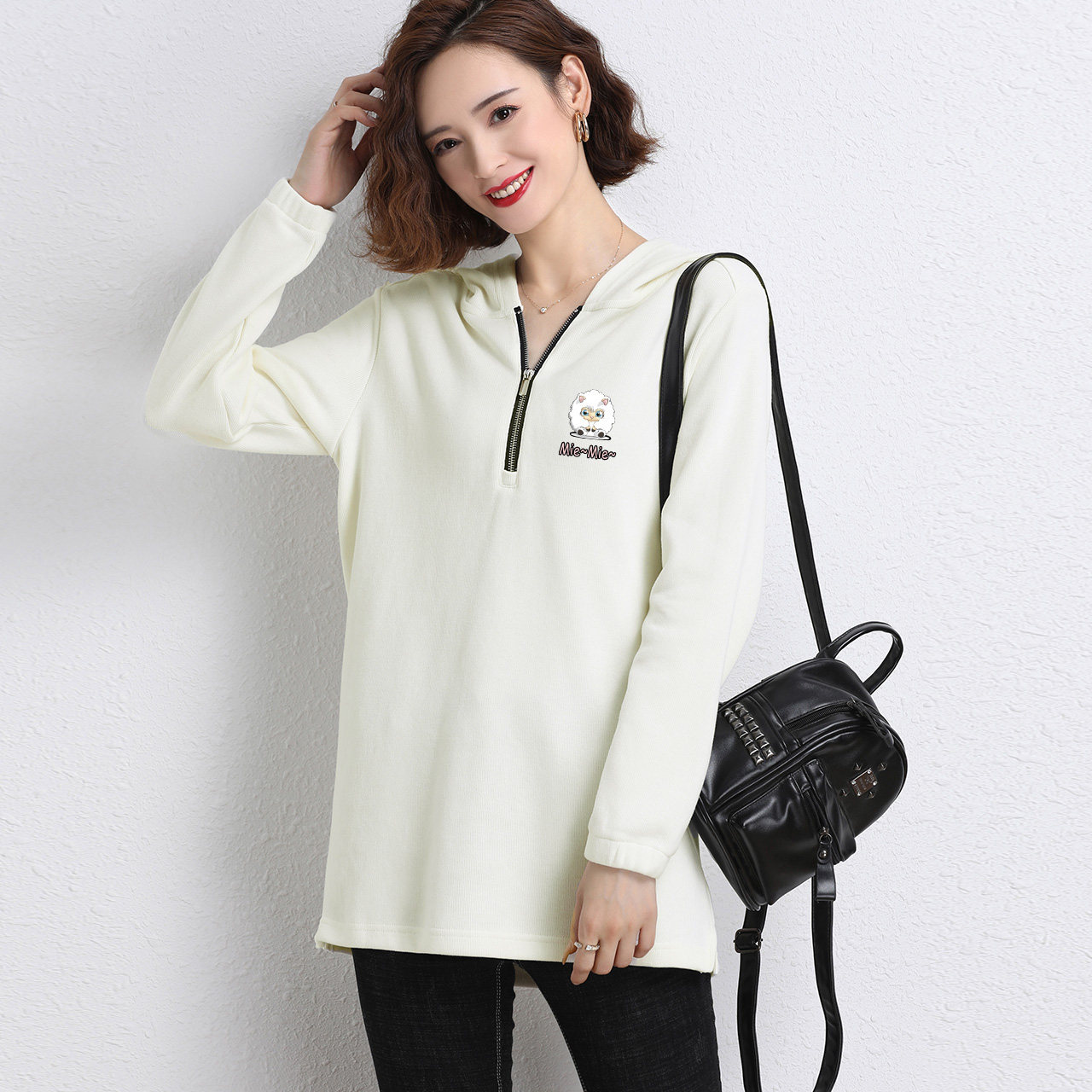 中长女士卫衣2021秋装新款半拉拉链套头上衣卫衣