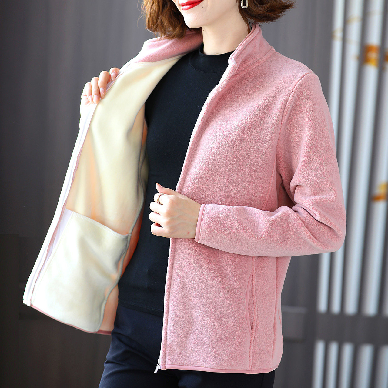 绒衣女秋冬装新款立领加绒女士卫衣宽松拉链卫衣