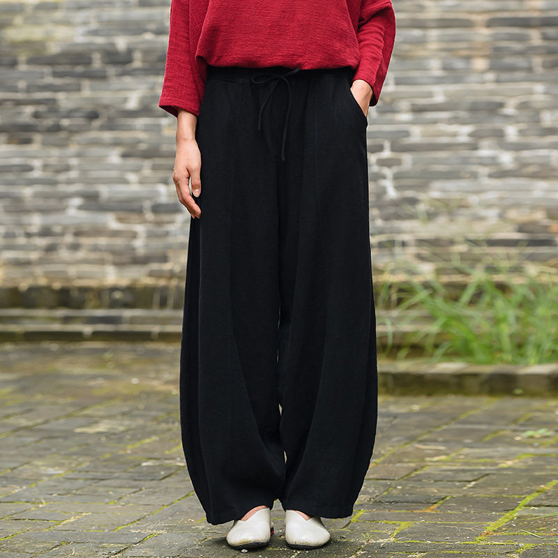 太极系带裤女亚麻清照复古时尚春秋棉麻灯笼裤太极服