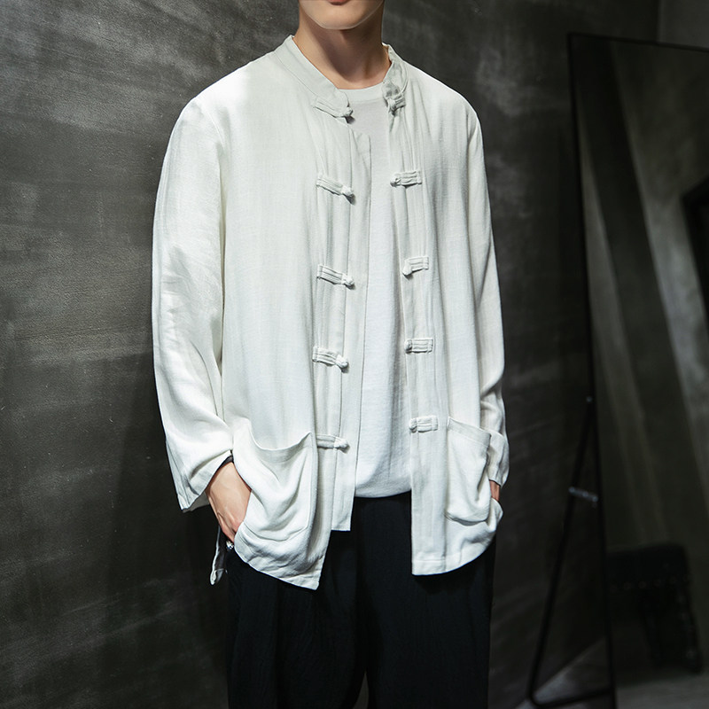 秋季中国国风男装衬衫中式唐装男青年盘扣亚麻民族服装