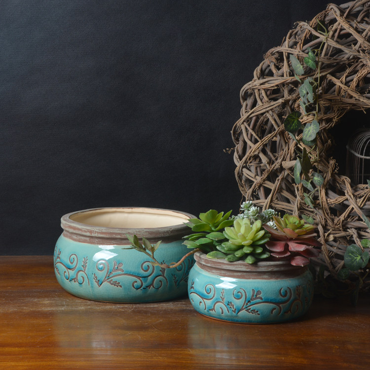宽口复古美式田园小花花纹花盆家居园艺多肉拼盆花盆
