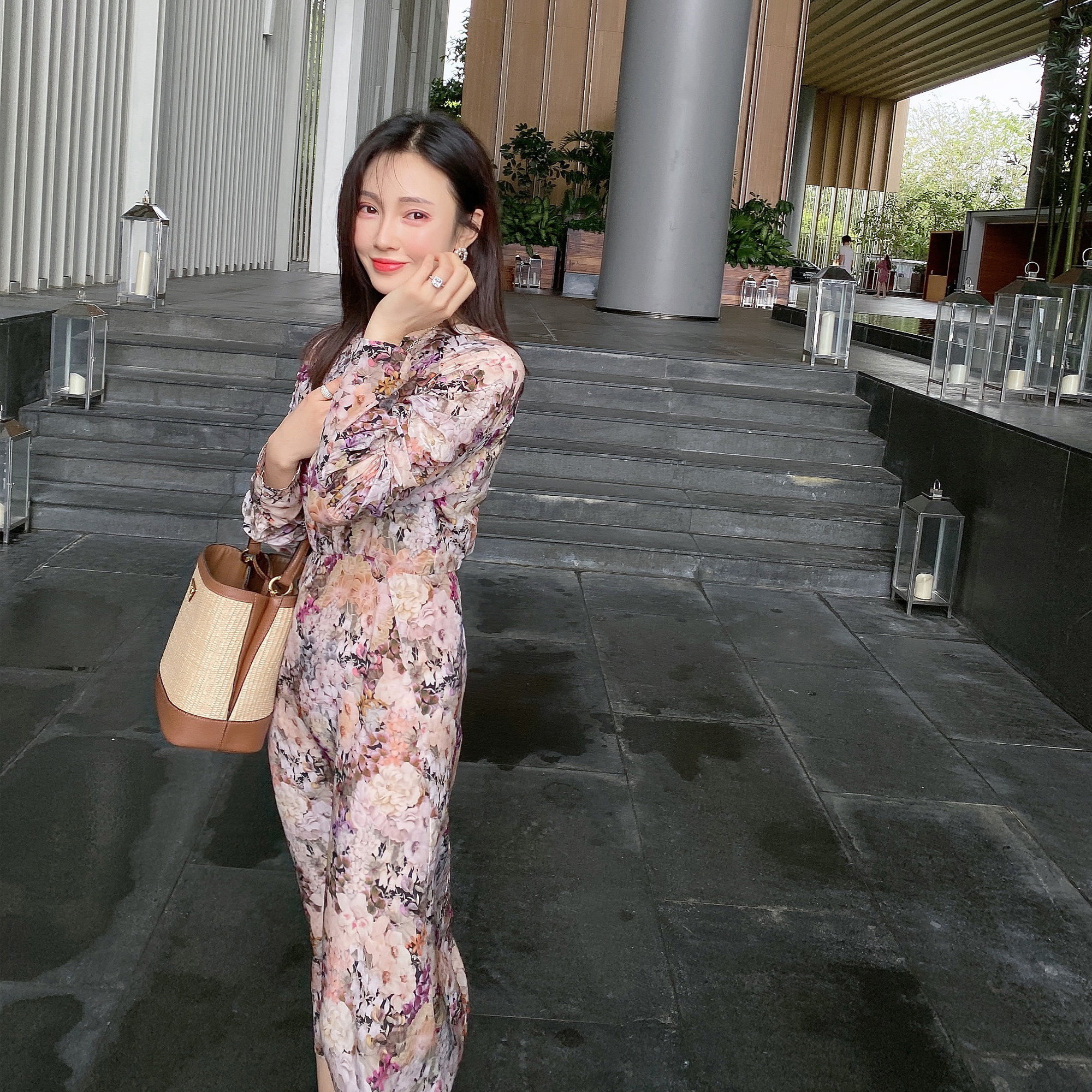 周婷ttc夏日百花园jing浪漫印花轻熟气质碎花连衣裙