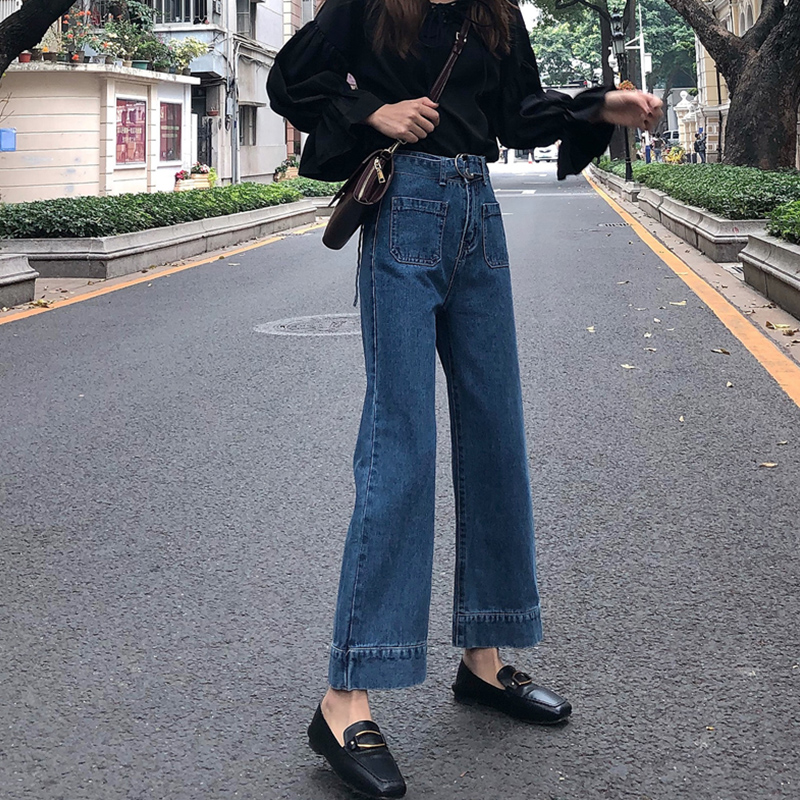 牛仔裤女宽松秋阔腿复古港风chic超高腰泫雅cec直筒百搭老爹裤子