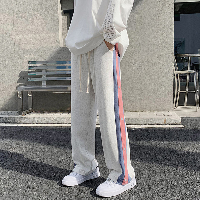 休闲裤男夏季薄款排扣裤子宽松直筒运动裤男生卫裤港风痞帅九分裤