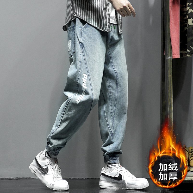 加绒牛仔裤男高街ins潮秋冬工装裤直筒宽松束脚休闲长裤潮牌裤子