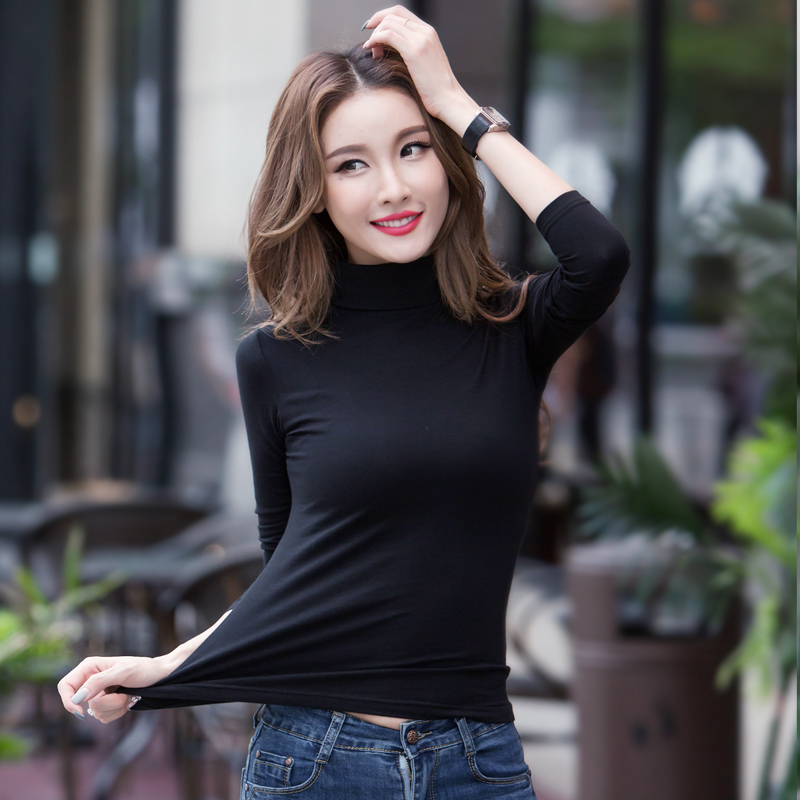 高领打底衫女加绒保暖秋冬黑色紧身长袖白色纯棉t恤2019新款上衣
