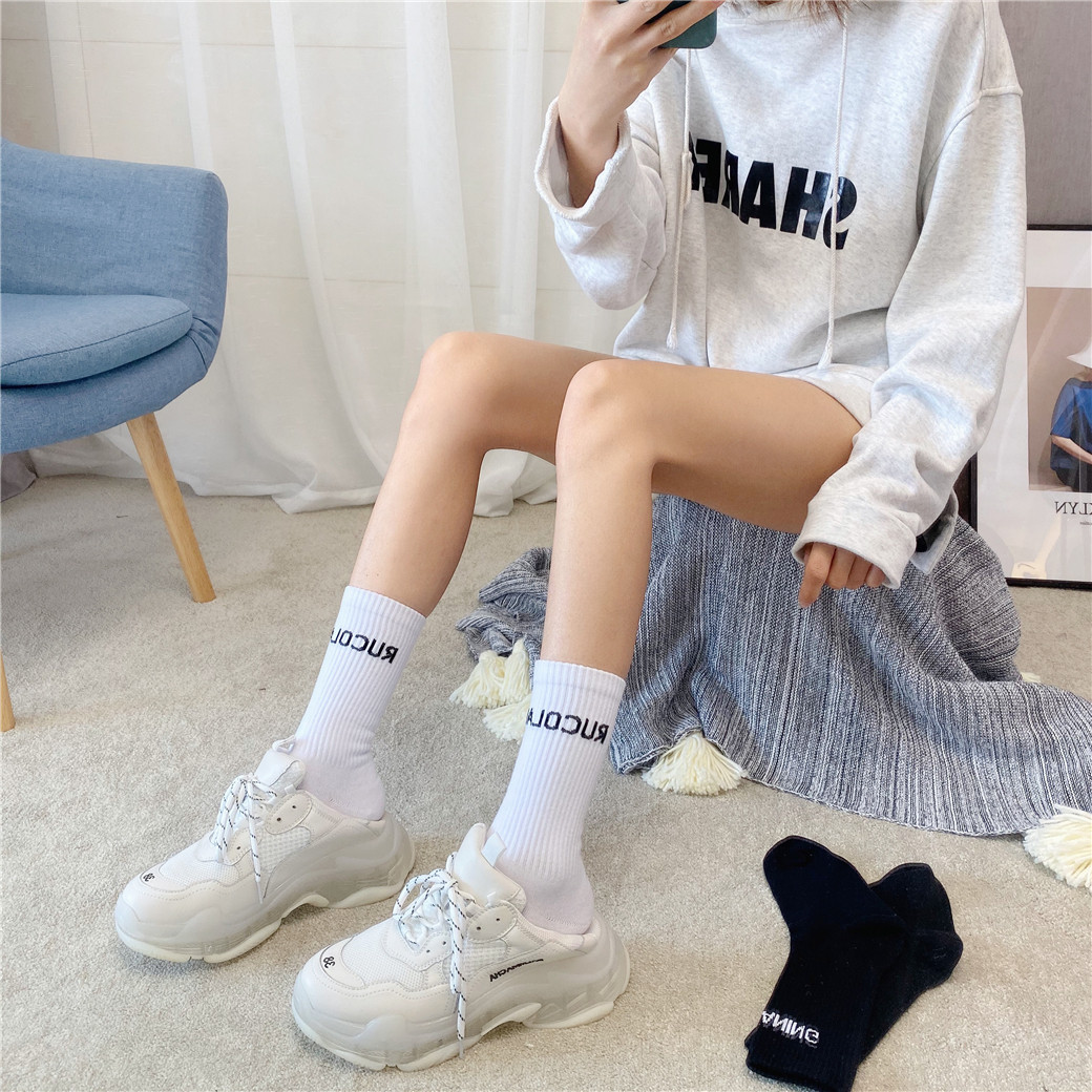 网红款长袜子女ins潮韩版春夏小腿堆堆纯棉白色中筒袜