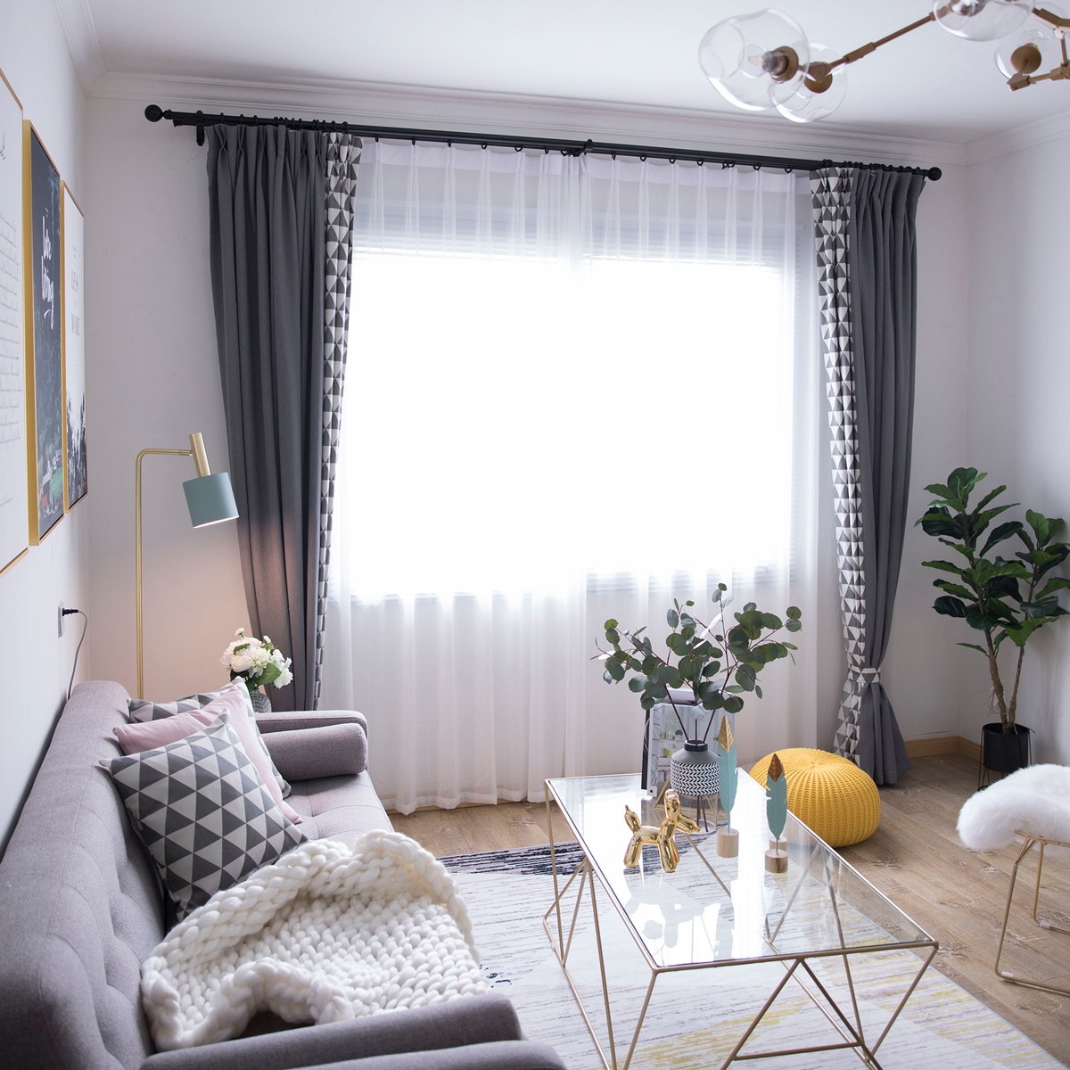 北欧简约高级三角形拼接加厚棉麻遮光窗帘客厅定制窗帘