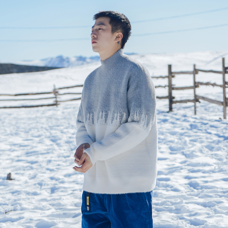 半高领毛衣男冬季新款港风宽松绒面加厚马海毛针织衫男潮牌毛线衣
