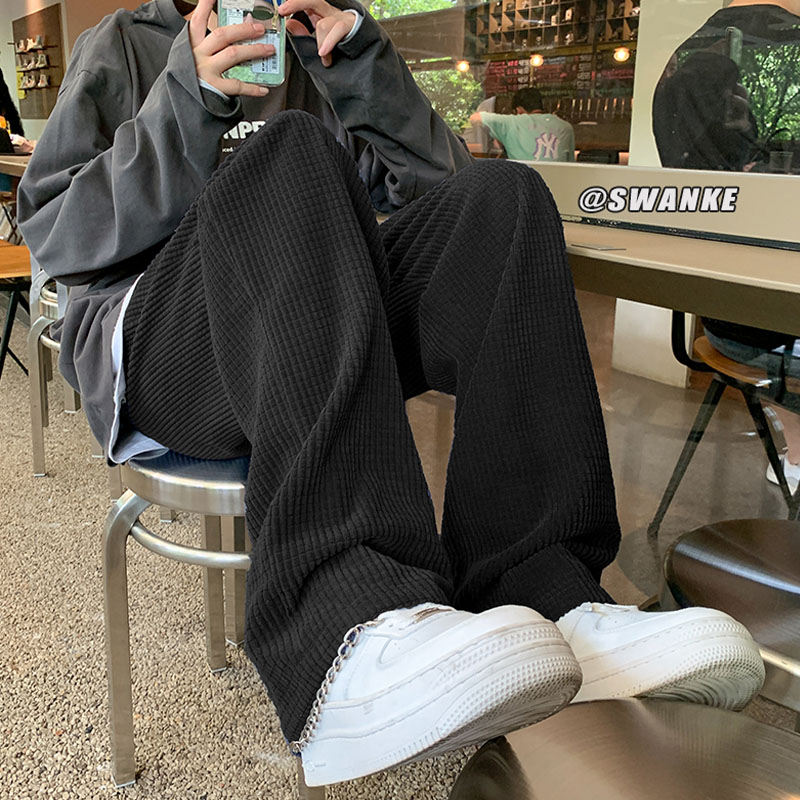 灯芯绒裤子男春秋宽松韩版潮流直筒阔腿裤港风ins华夫格休闲长裤