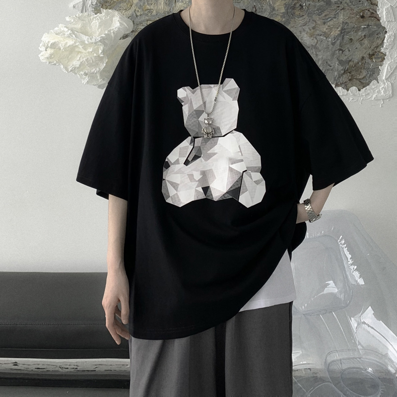 超火cec短袖男潮牌2022新款港风ins网红百搭潮流宽松小熊t恤5分袖