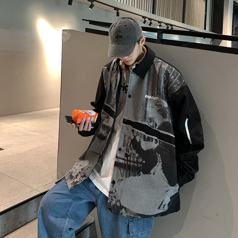 男士休闲外套宽松港风日系夹克ins潮流韩版2021秋季印花大码上衣