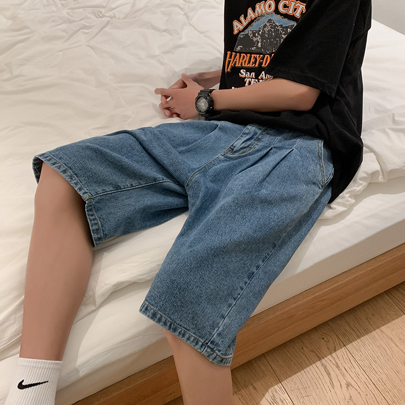 复古牛仔短裤男潮牌ins五分裤夏季薄款外穿中裤潮流宽松高街裤子