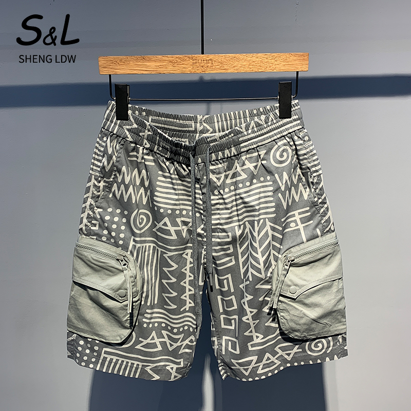 圣罗帝威Z夏季时尚印花百搭拼接口袋男士休闲短裤潮流舒适工装裤