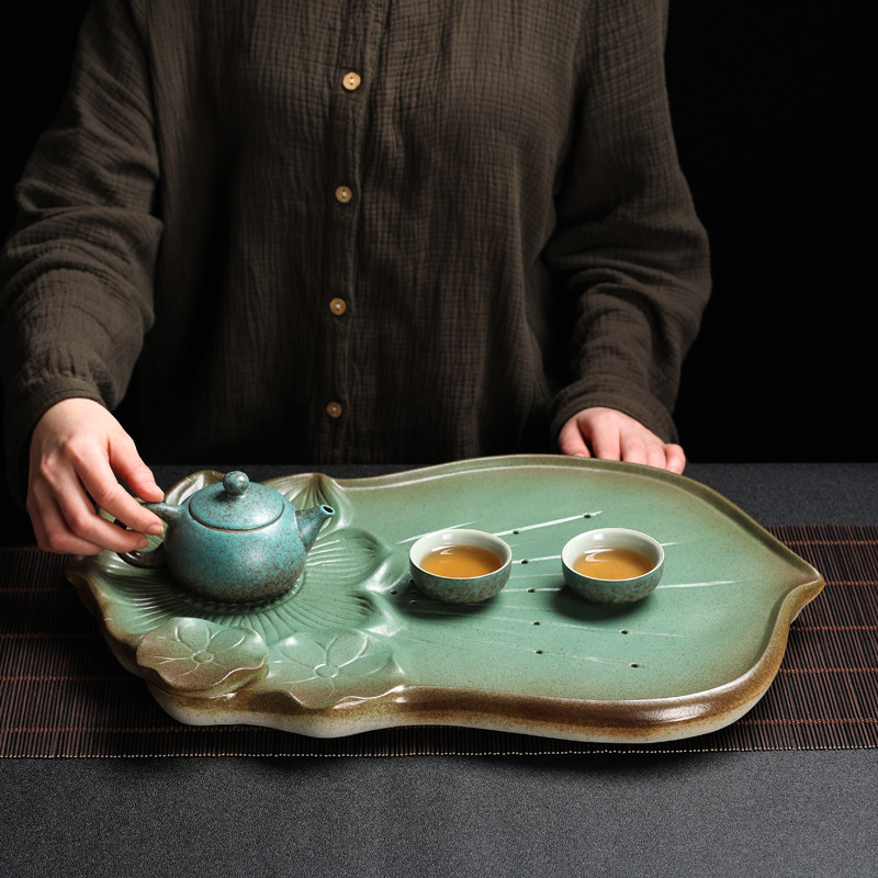 干泡茶盘家用陶瓷圆形茶托托盘储水茶海荷花茶盘