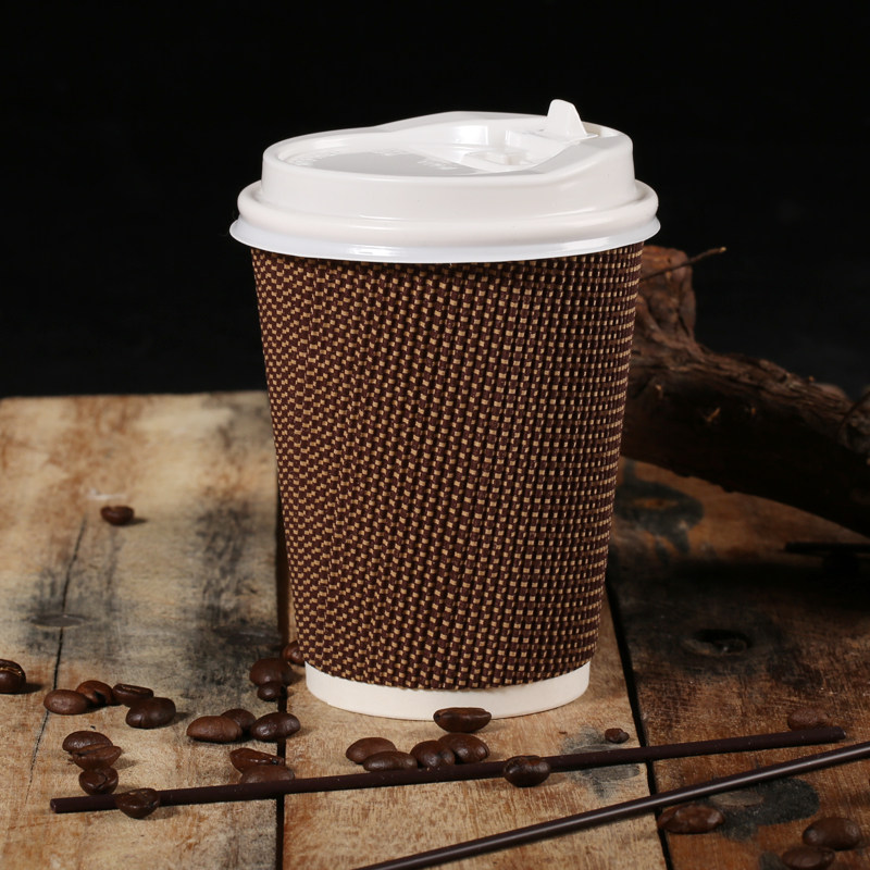 高档一次性咖啡纸杯 双层咖啡杯隔热防烫奶茶 外卖打包杯带盖纸杯