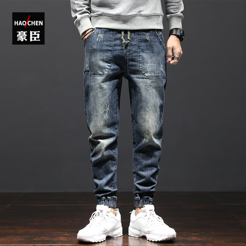 秋季弹力牛仔工装束脚裤男裤塑脚收腿束腿束口收脚裤束脚百搭潮牌