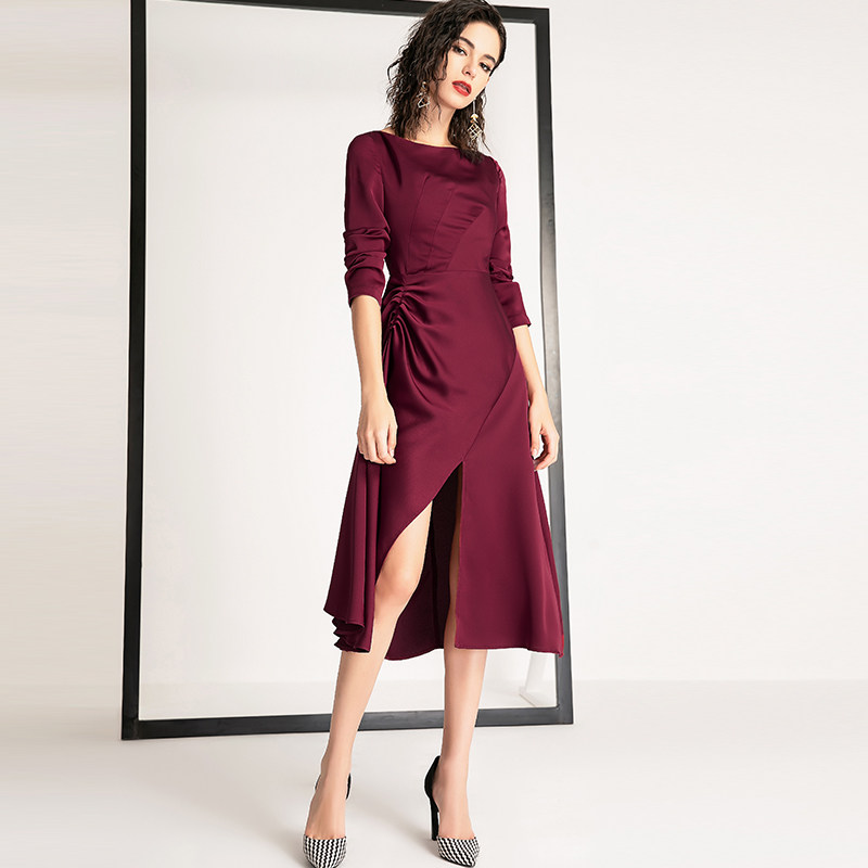 aui欧洲站2019早秋新款时尚潮流女装欧货酒红色气质女人味连衣裙
