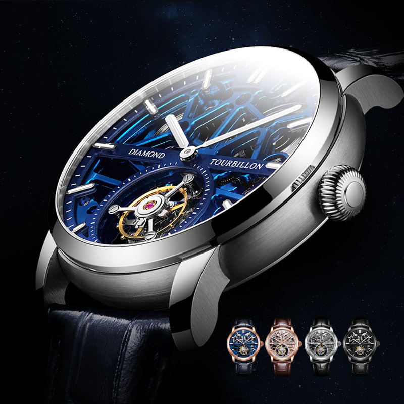 海钻石飞轮手表防水夜光商务正品双面镂空透底国产腕表