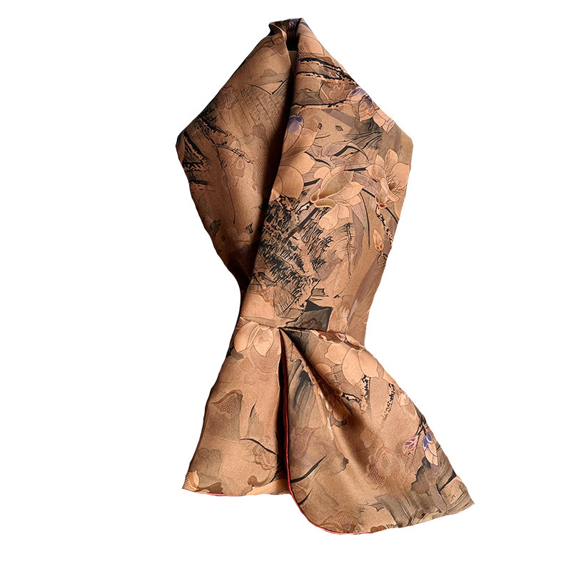 重缎19姆米提花真丝香云纱莨纱长条丝巾女桑蚕丝夹棉保暖窄长巾