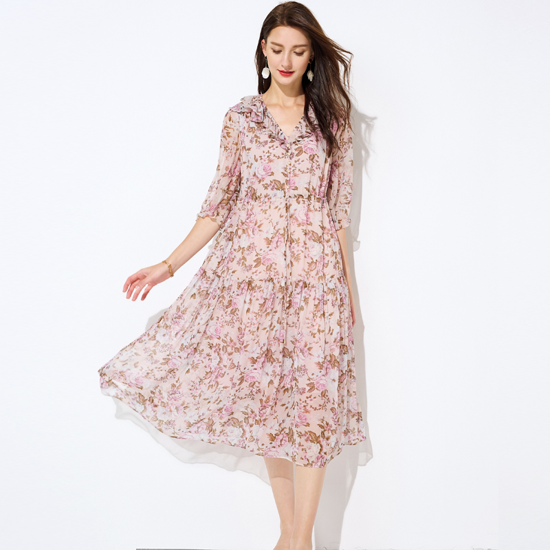 高端大牌真丝碎花连衣裙桑蚕蚕丝夏装2021新款连衣裙