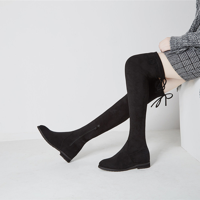 过膝靴女2019秋冬新款小辣椒侧拉链平跟长筒靴真皮内增高5050女靴